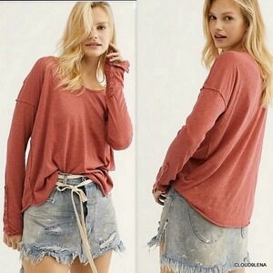 FREE PEOPLE Sienna Long Sleeve Tee Top Women's Large Rust Boho Hippie Peasant